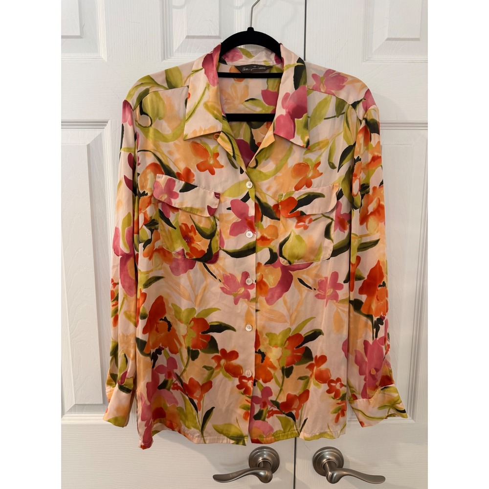 Tommy Bahama Womens 100% Silk Floral Button Front Shirt Long Sleeve Blouse Pink